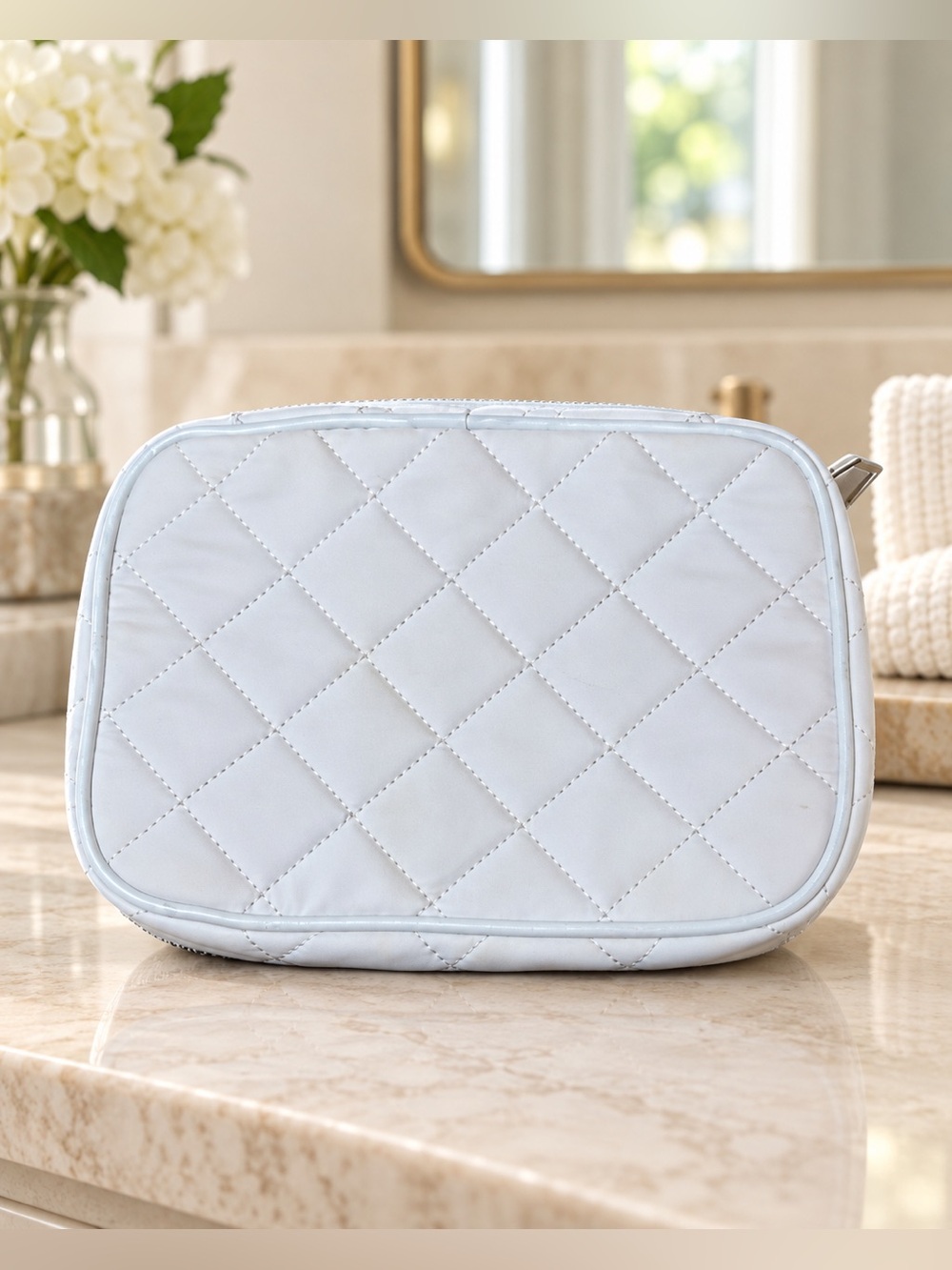 Trish McEvoy White Quilted Zip-Around Makeup Bag Travel Cosmetic Case